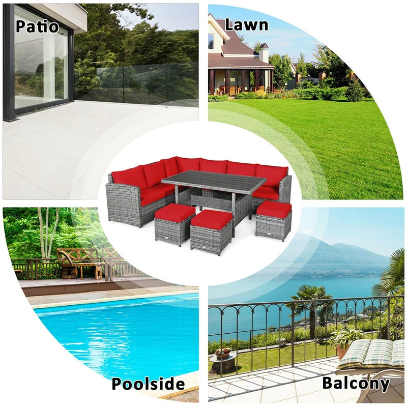 7-Piece Rattan Patio Dining Set With 3 Corner Chairs, 3 Ottomans And Table
