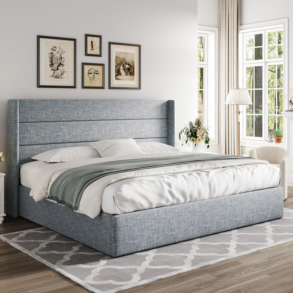 Queen Size Lift-Up Storage Bed With Wingback Headboard, Upholstered Platform Bed Frame With Hidden Storage