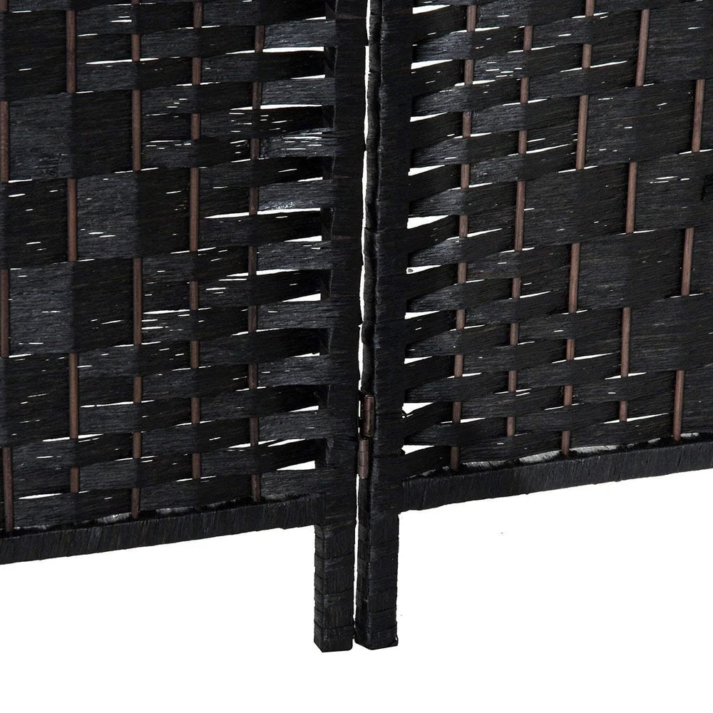 6 Ft Tall Four-Panel Wicker Weave Room Divider, Black Wood Privacy Screen