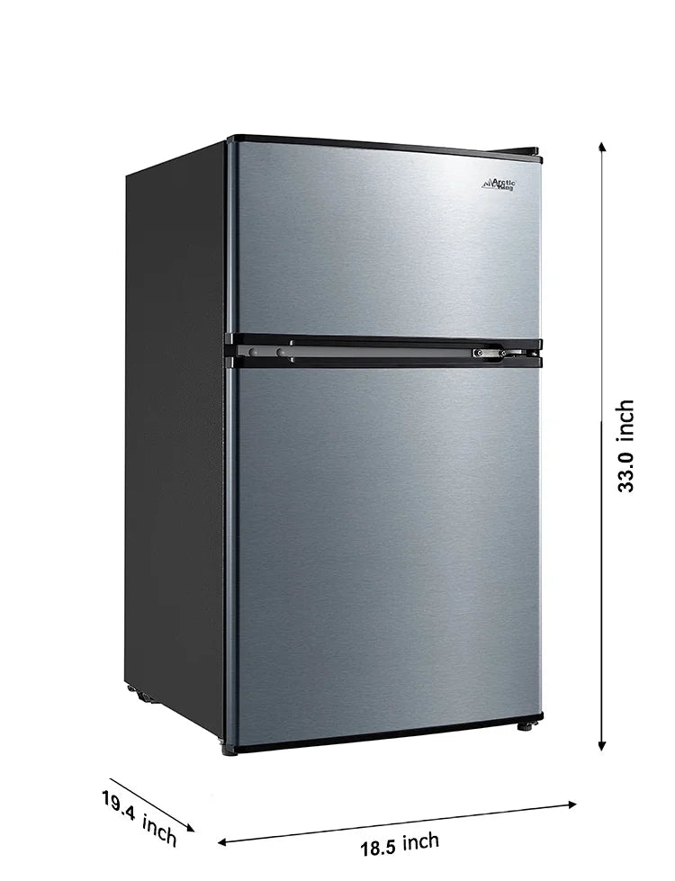 Arctic King Two-Door Mini Fridge With Freezer, 3.2 Cu ft, 18.5 in x 19.4 in x 33.3 in, Stainless Steel - E-Star