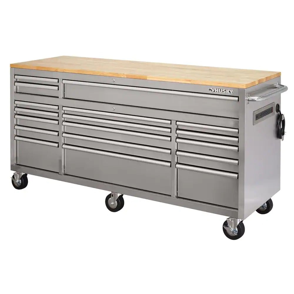 72-Inch 18-Drawer Mobile Workbench, 24-Inch Deep, Solid Wood Top, Stainless Steel Finish