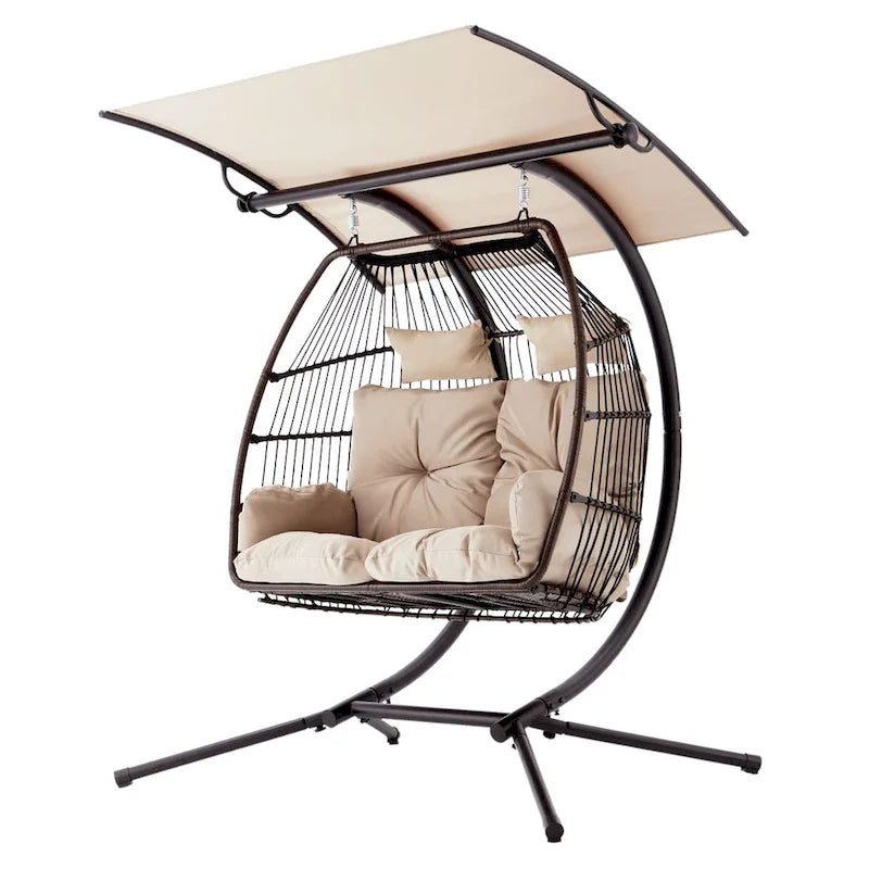 Outdoor Swing Loveseat With Stand, Foldable Hanging Chair, Hammock Cushion And Awning - Beige