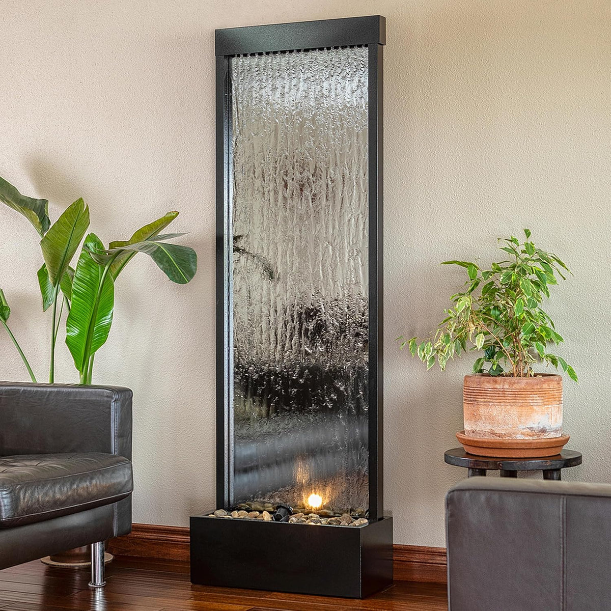 Alpine Corporation Wall-Mounted Mirror Waterfall Fountain With Stones And LED Lights, 24in L x 10in W x 72in H, Silver