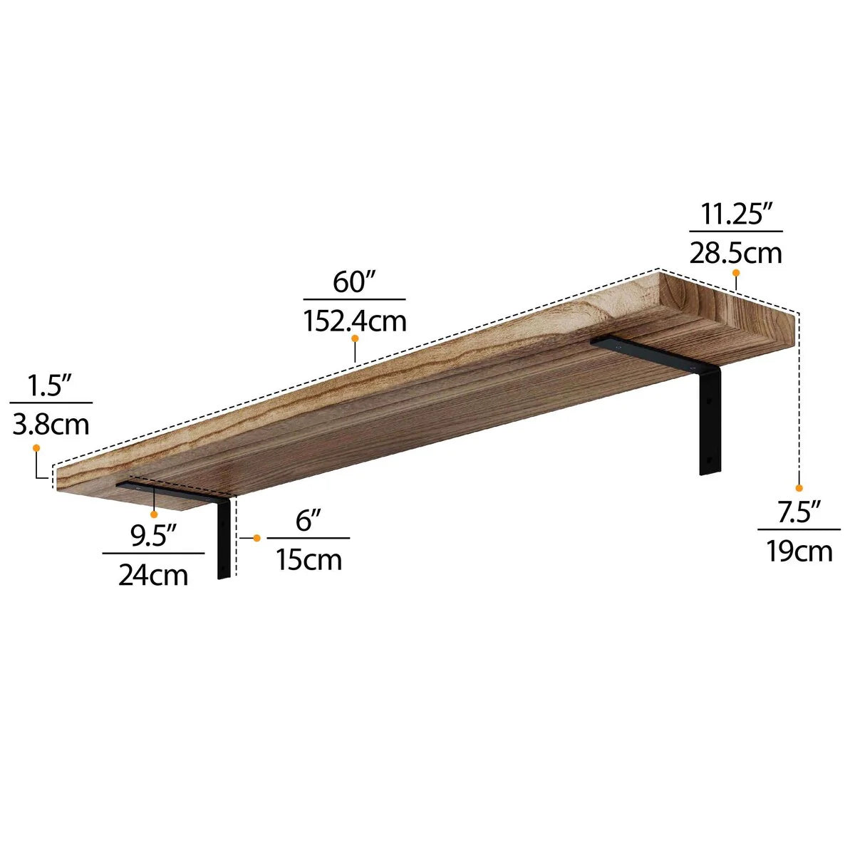 Rustic Floating Wall Shelves, 60 Inch, 2 Piece, Burnt Wood