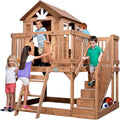 Backyard Discovery Elevated Cedar Wood Kids Playhouse With Play Kitchen, Wrap-Around Deck, Storage Bench, Ladder, Stairs And Growth Chart
