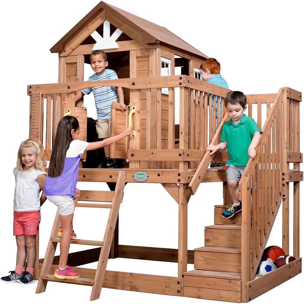 Backyard Discovery Elevated Cedar Wood Kids Playhouse With Play Kitchen, Wrap-Around Deck, Storage Bench, Ladder, Stairs And Growth Chart