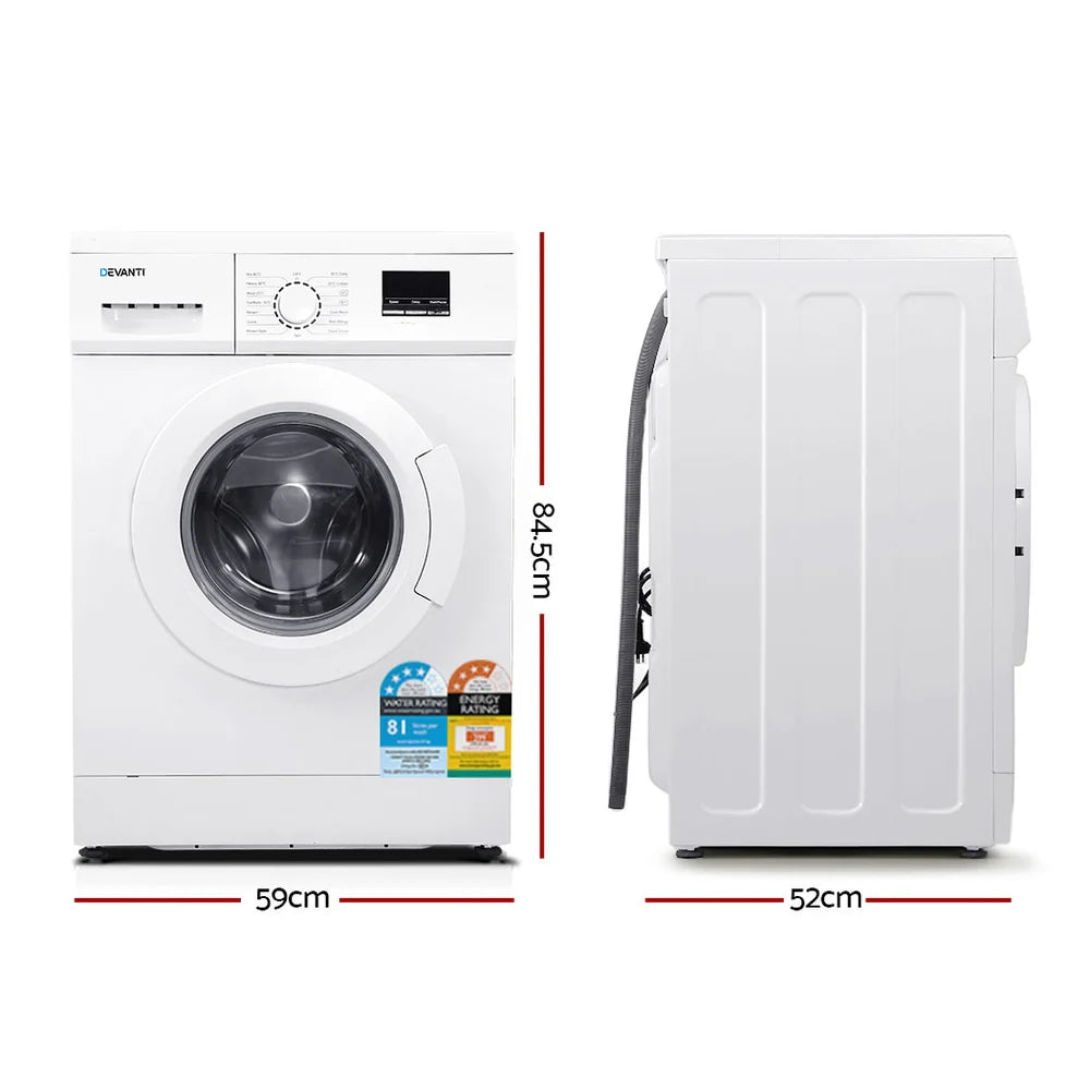 Devanti Front Load Washing Machine 8kg, 15 Programs, White - 59cm x 52cm x 84.5cm