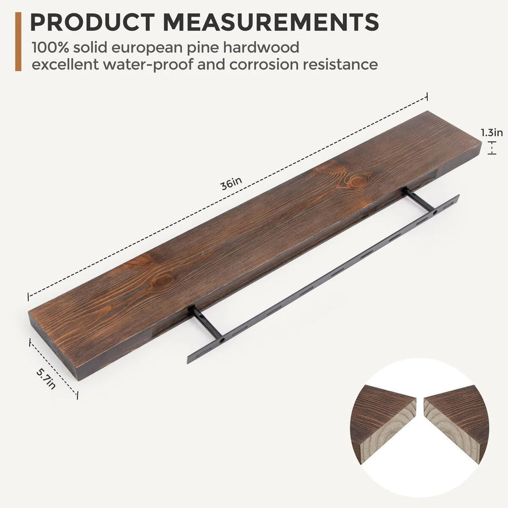 Set Of 2 Handcrafted European Pine Floating Wall Shelves, 16inch/24inch/36inch, Grey/Espresso/Walnut
