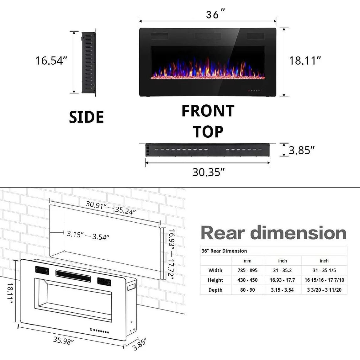 R.W.FLAME Recessed Electric Fireplace Heater, 30-inch, 750-1500W
