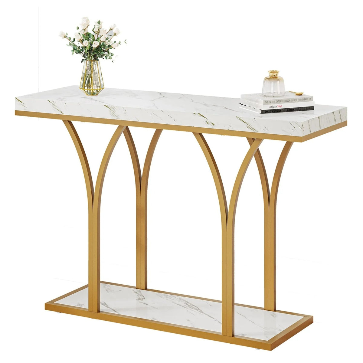 Console Table With Faux Marble MDF Top And Gold Metal Frame