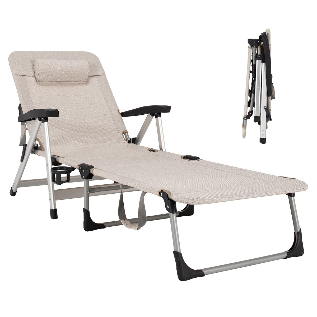 Folding Outdoor Chaise Lounge Chair With Cup Holder, Detachable Headrest, 330 lbs. Capacity - 53-75 in