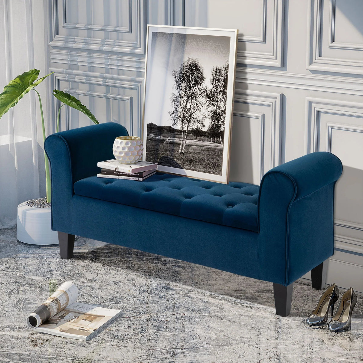 Button-Tufted Storage Ottoman Bench, Polyester and Rubberwood, 53.25in W x 17.75in D x 25.5in H