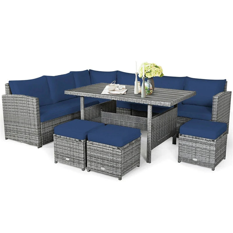 7-Piece Rattan Patio Dining Set With 3 Corner Chairs, 3 Ottomans And Table