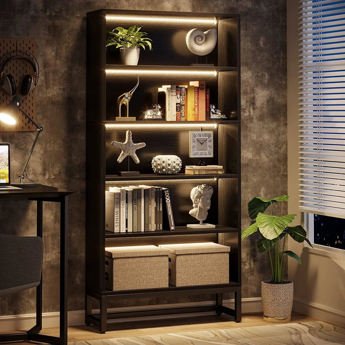 5-Tier Bookcase 31.5 Inch Wide x 11.81 Inch Deep x 70.87 Inch Tall - Sandalwood, Walnut, White, Black