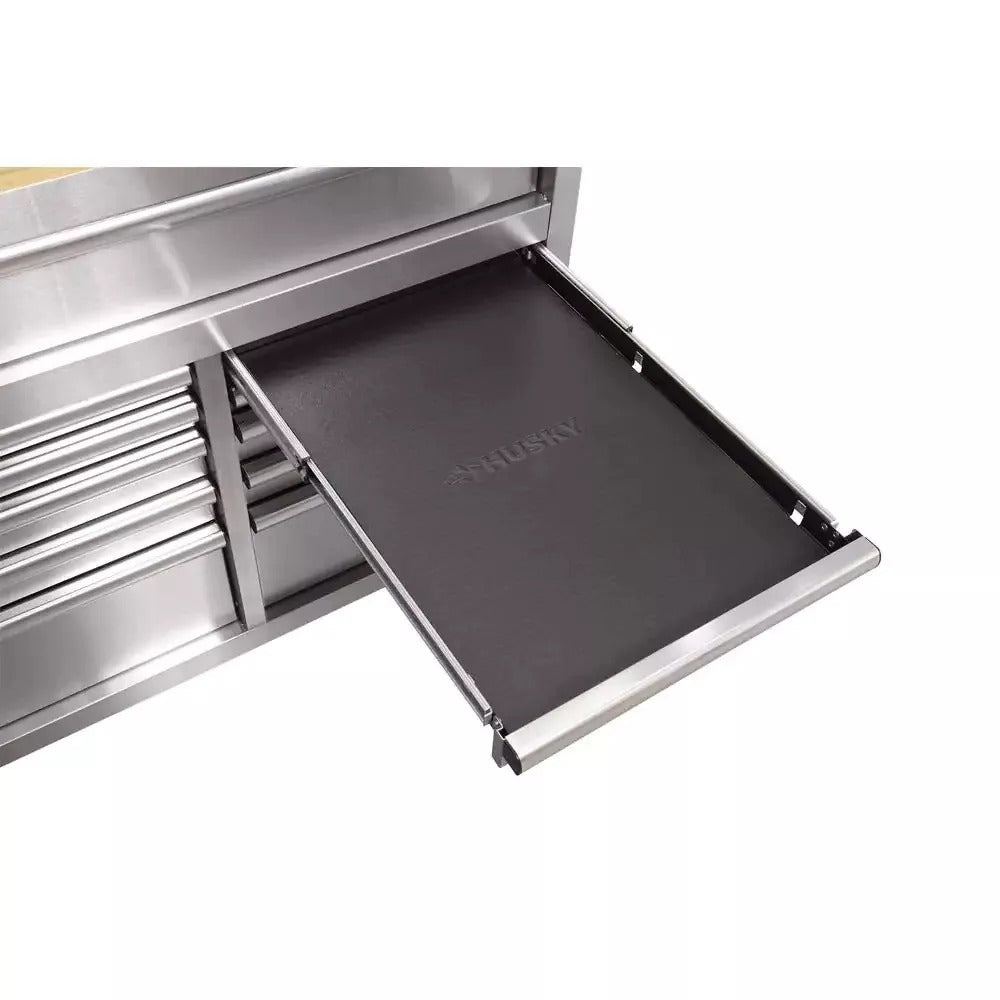 72-Inch 18-Drawer Mobile Workbench, 24-Inch Deep, Solid Wood Top, Stainless Steel Finish
