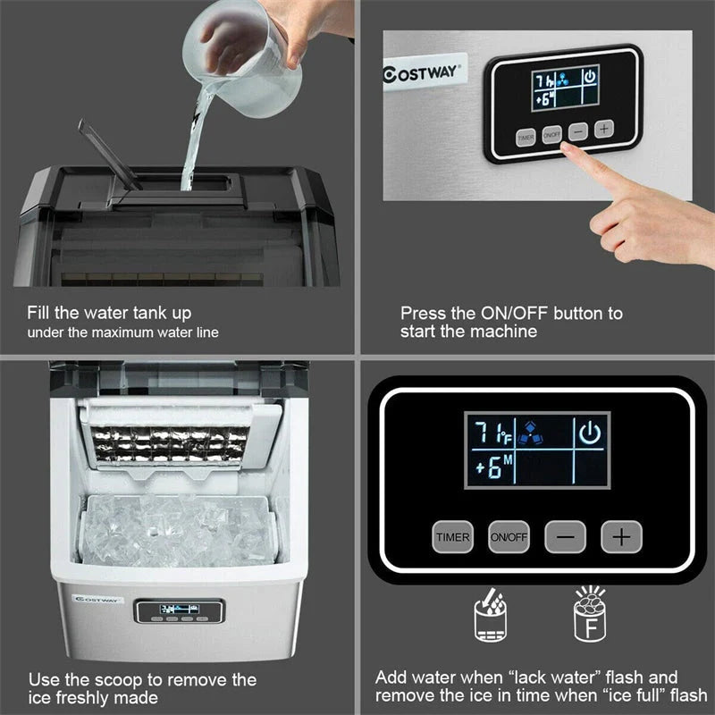 Stainless Steel Countertop Ice Maker, 48 lbs/24h, Silver, Self-Cleaning LCD Display