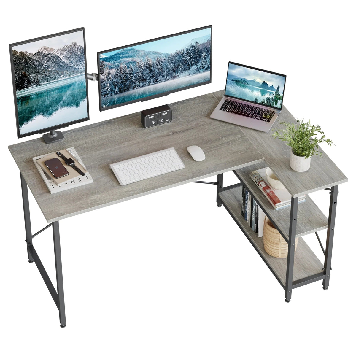 Small L-Shaped Computer Desk With Reversible Storage Shelves - 55-Inch / 47-Inch