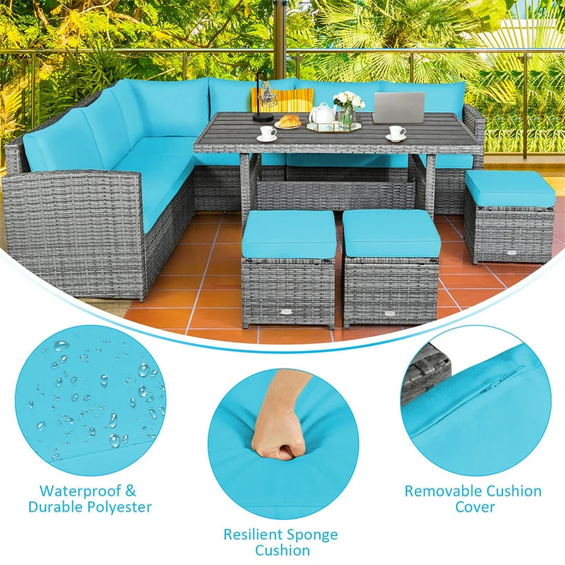 7-Piece Rattan Patio Dining Set With 3 Corner Chairs, 3 Ottomans And Table