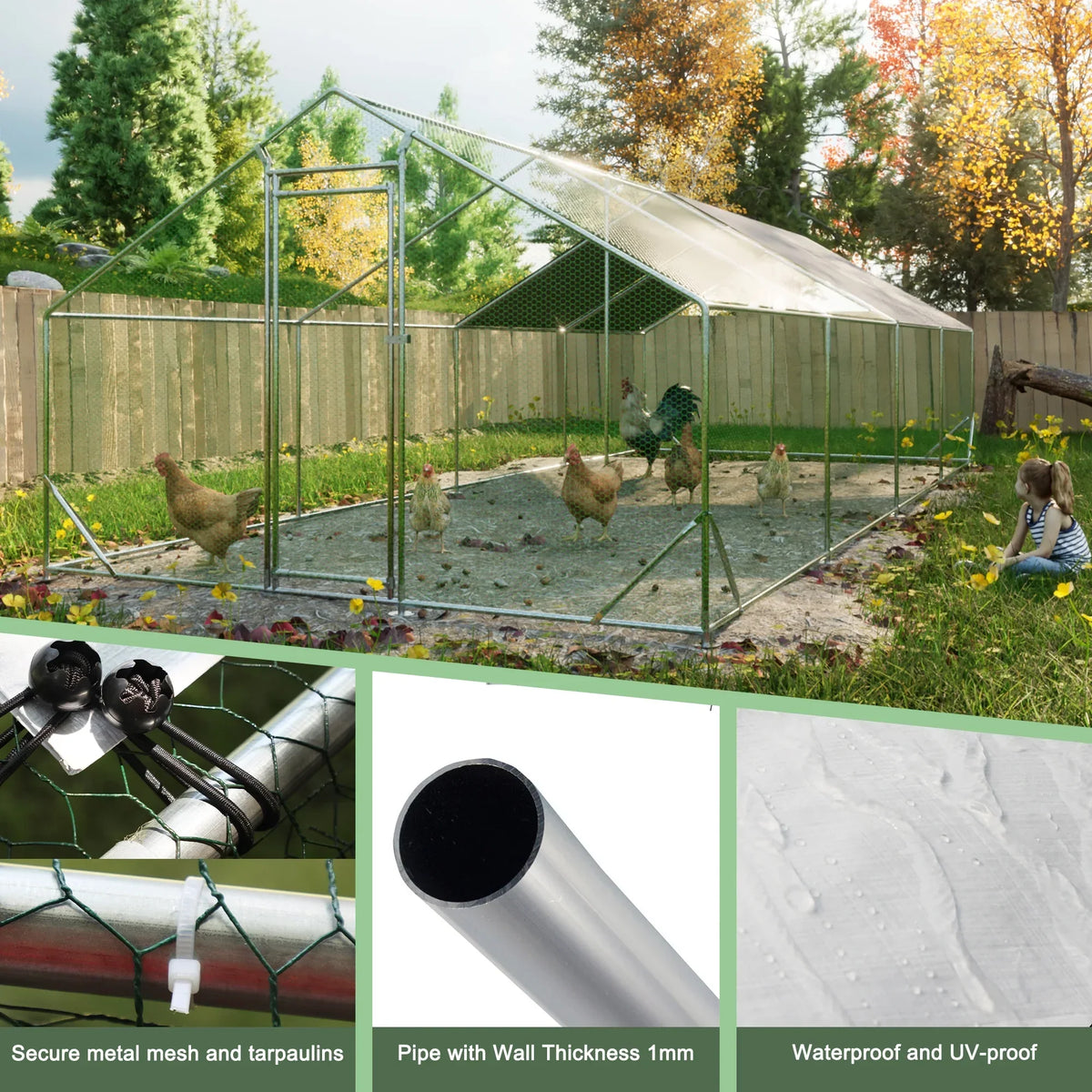 Large Metal Walk-In Chicken Coop With Galvanized Wire And Cover - 10' L x 26' W x 6.56' H