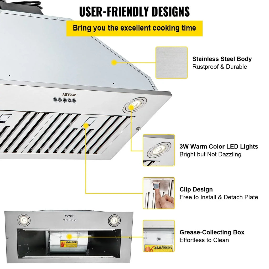 VEVOR Built-In Insert Range Hood, 800 CFM, 3-Speed, Stainless Steel, 30In