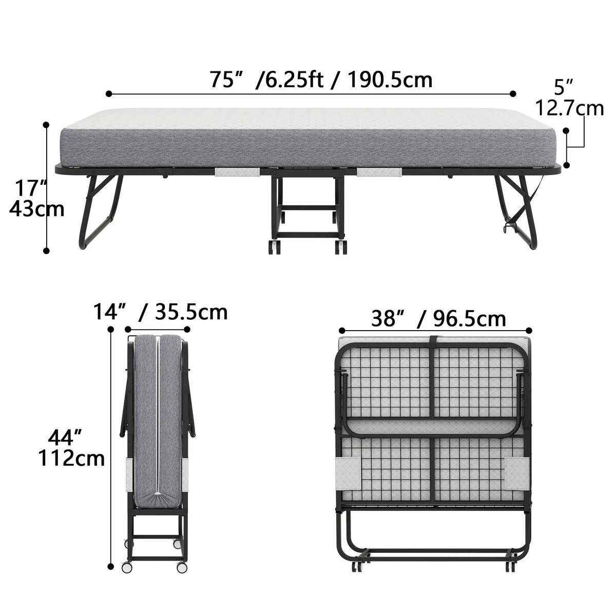 Folding Rollaway Guest Bed With 75in x 31in Cot Mattress And 5in Memory Foam