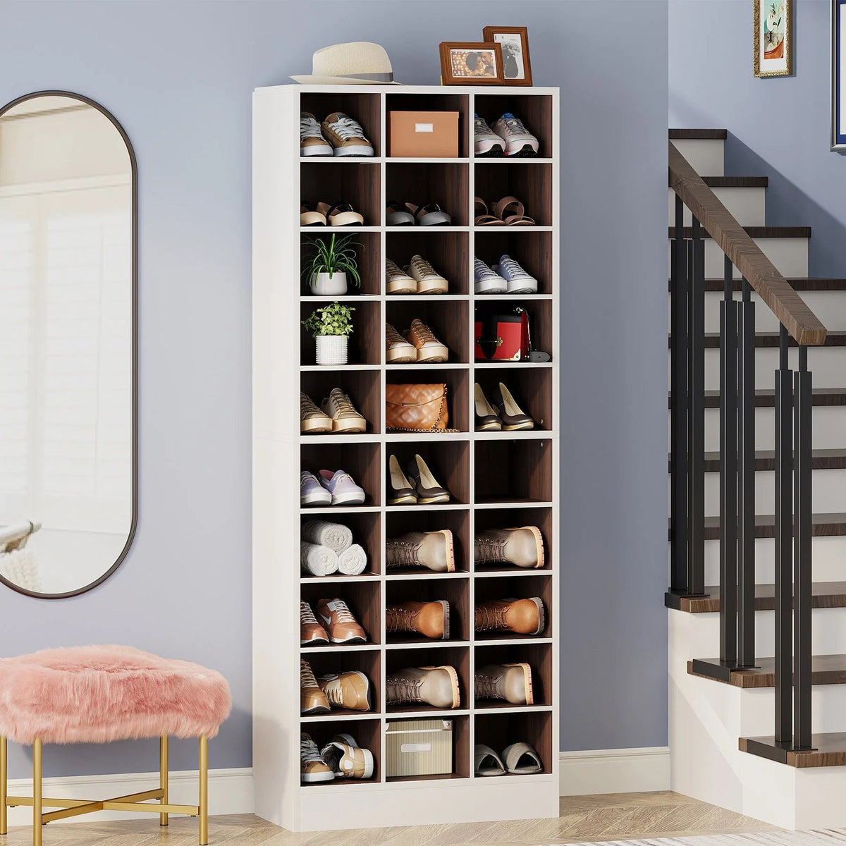 10-Tier Tall Shoe Cabinet, 30-Pair White Engineered Wood Shoe Storage Rack