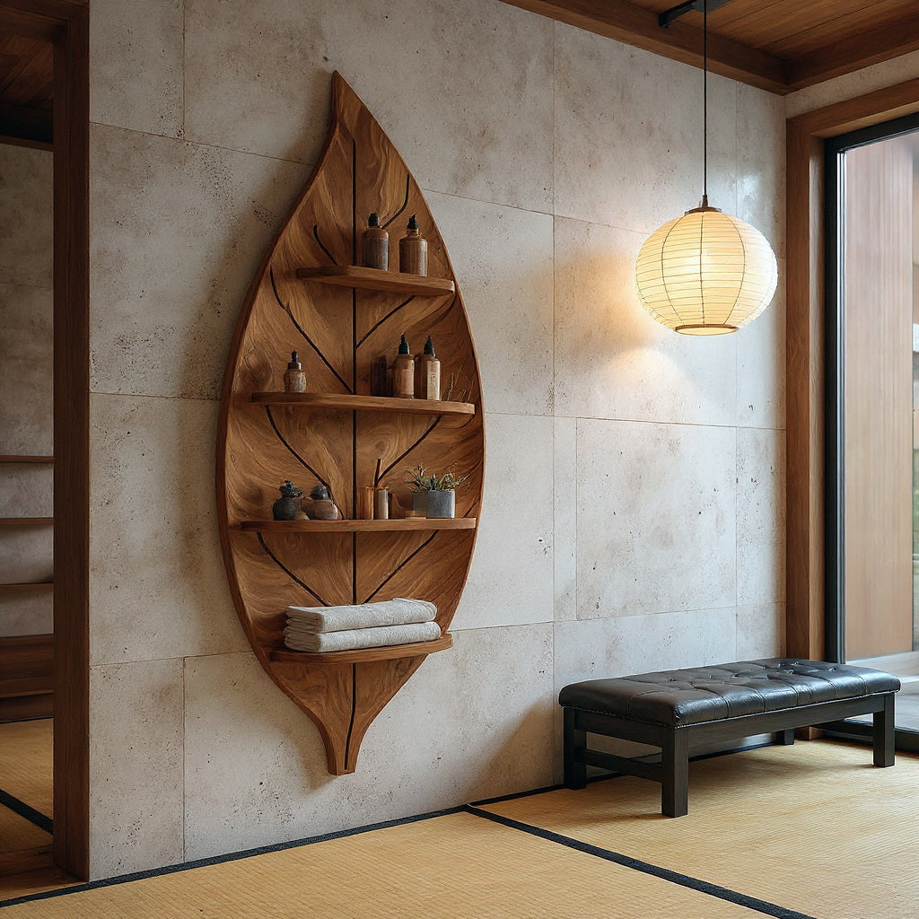 Artistic Wood Leaf Bathroom Shelf For Modern Spa Interior
