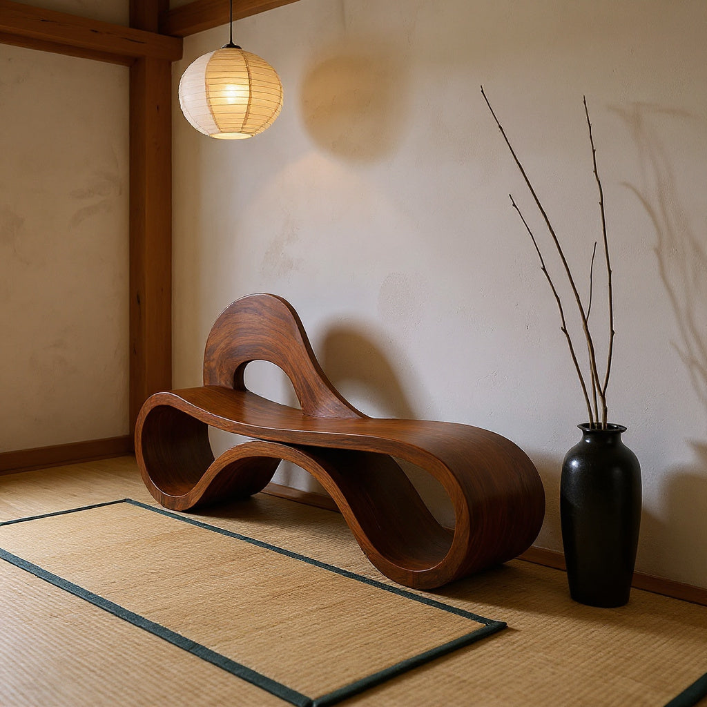 Artistic Wooden Bench With Flowing Sculpture For Luxury Interior