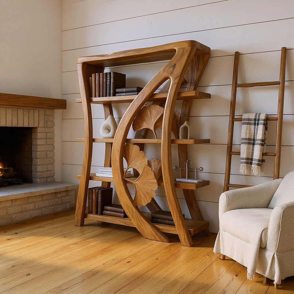 Artistic Wooden Bookcase With Botanical Sculpture Design