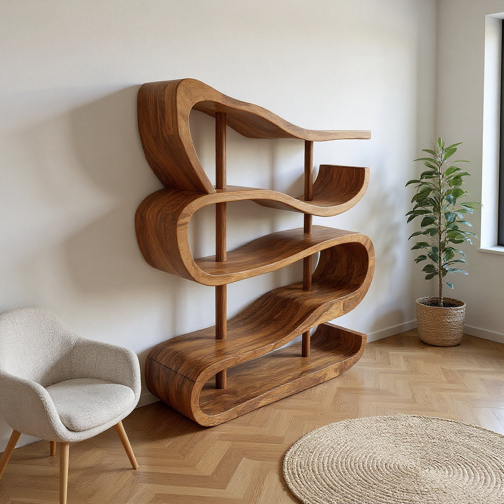 Artistic Wooden Display Shelf In Organic Form