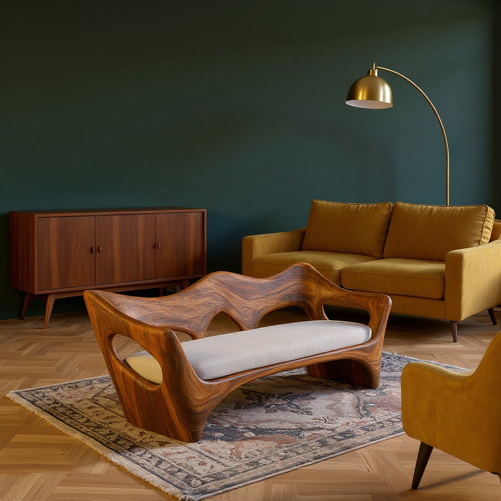 Artistic Wooden Sofa With Curved Backrest For Home Space