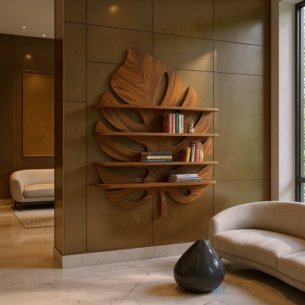 Artistic Wooden Tropical Leaf Wall Mounted Bookshelf For Home Decor