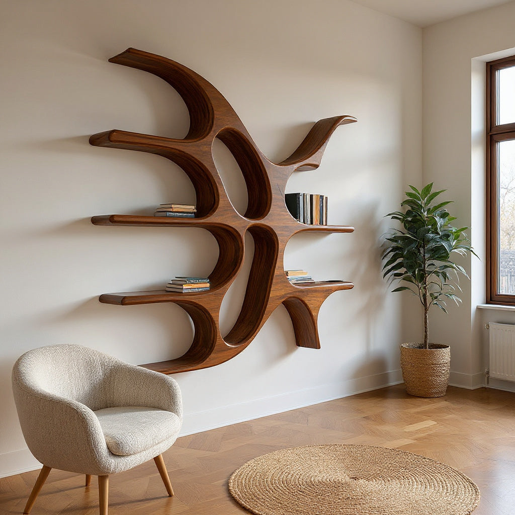 Artistic Wooden Wall Shelf With Unique Design For Living Room