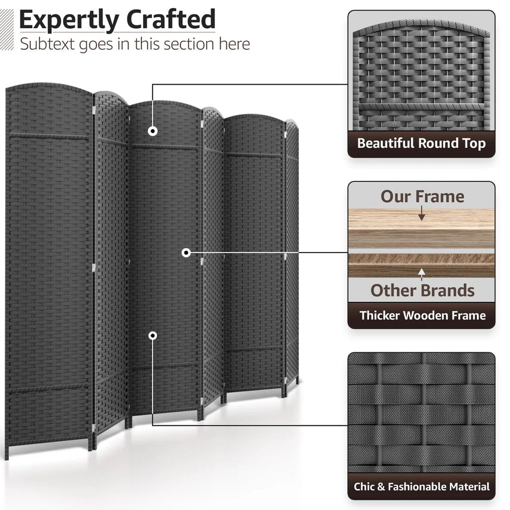 6-Panel Room Divider Privacy Screen With Hand-Woven Mesh Panels - 6 Ft Tall