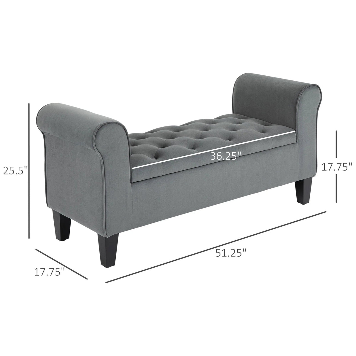 Button-Tufted Storage Ottoman Bench, Polyester and Rubberwood, 53.25in W x 17.75in D x 25.5in H