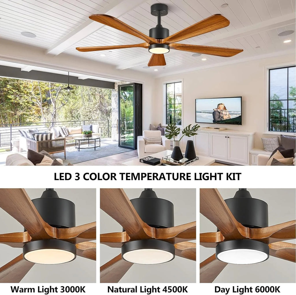 BOOSANT 60 inch Ceiling Fan With LED Light, 5 Solid Wood Blades, 6 Speeds, Deep Brown - 8727