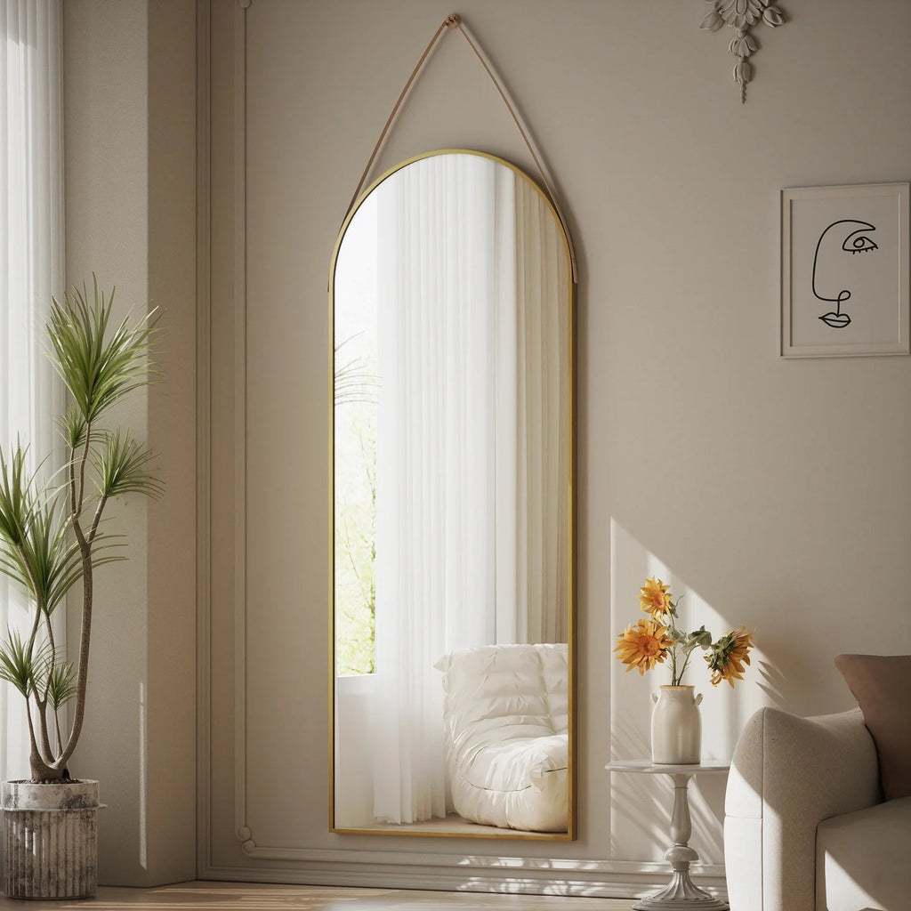 Full Length Wall Mirror, 48 x 16 Inch, Black, Leather Strap