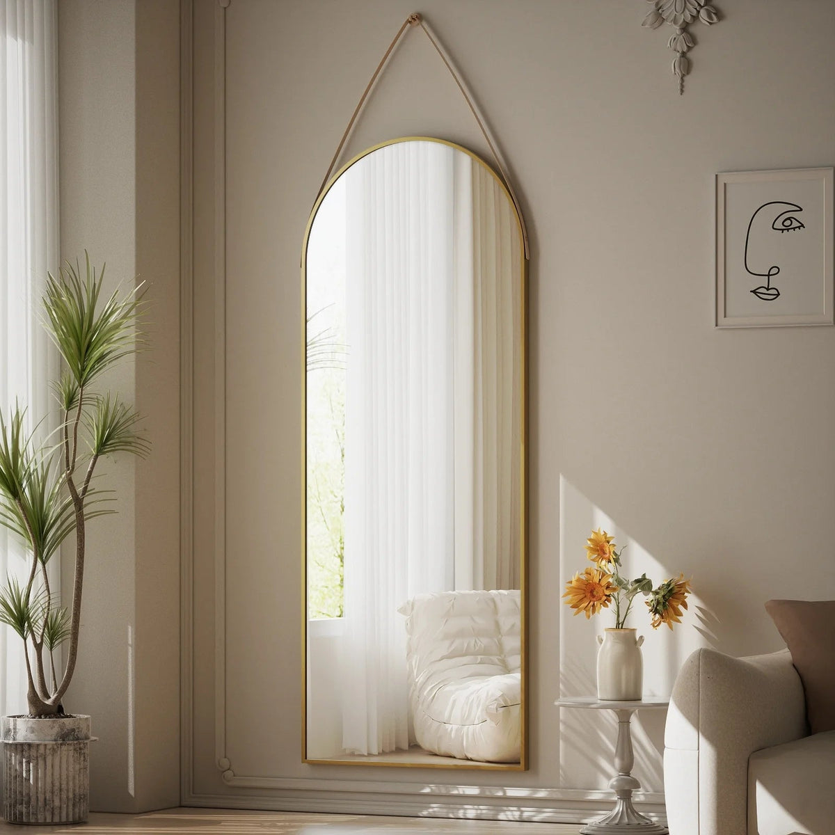 Full Length Wall Mirror, 48 x 16 Inch, Black, Leather Strap