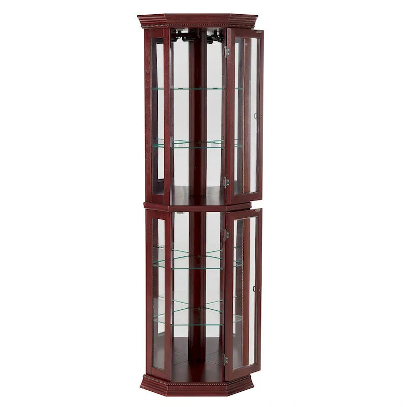 Corner Curio Display Cabinet With Lights, Mirrored Back And 6 Tempered Glass Shelves