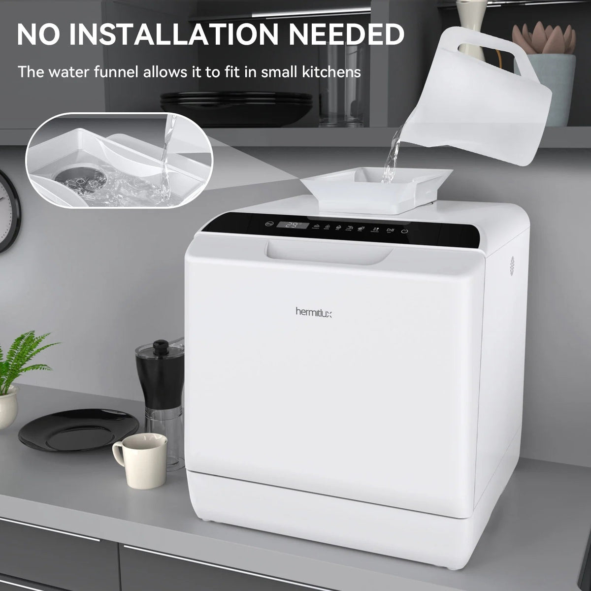 Hermitlux Portable Countertop Dishwasher, 5L Built-In Water Tank, 4 Place Settings - HMX-DW03