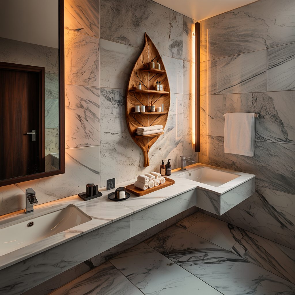 Artistic Wood Leaf Bathroom Shelf For Modern Spa Interior