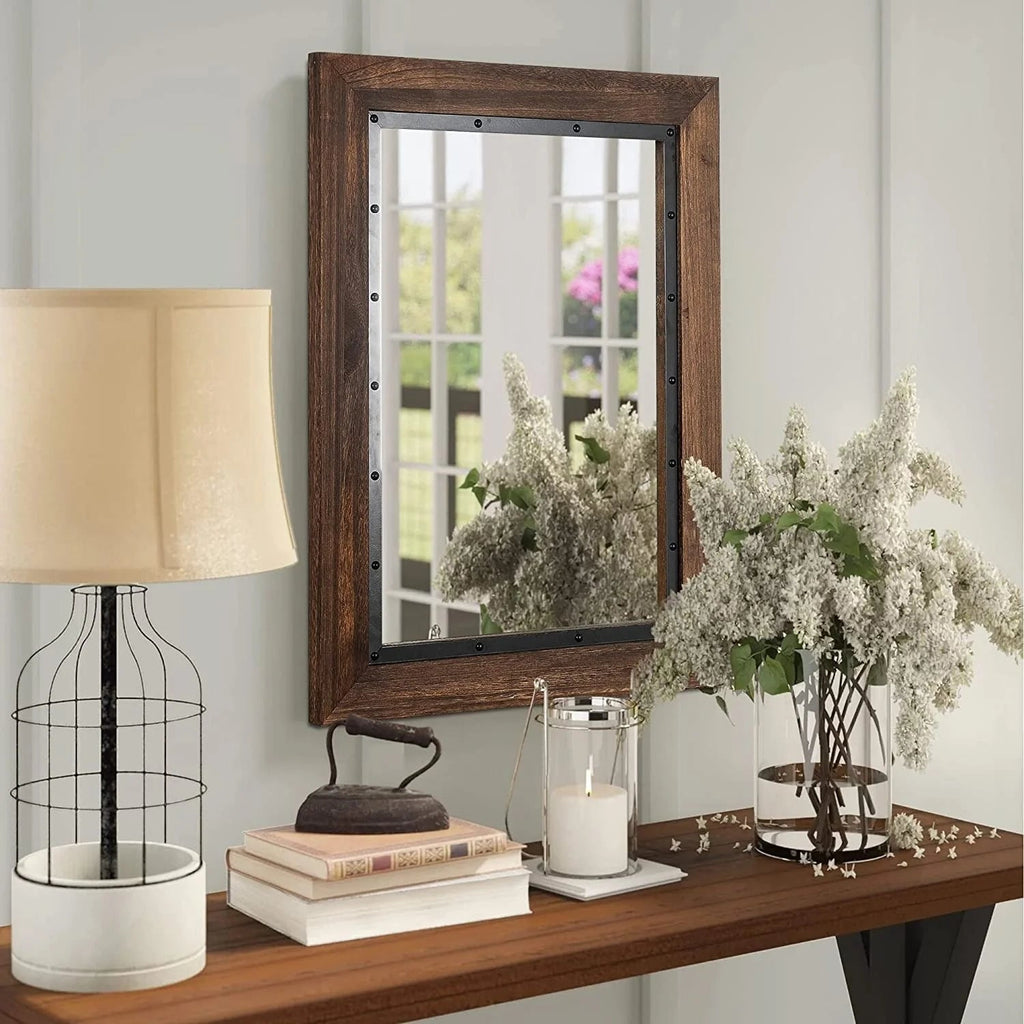 Solid Wood And Iron Framed Wall Mirror - 26 in x 18 in, 32 in x 24 in, 40 in x 26 in, 48 in x 30 in, 53 in x 28 in