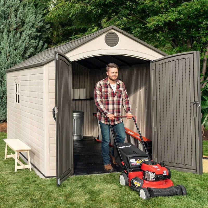 Plastic Storage Shed, 8 ft. W x 12.5 ft. D, Desert Tan And Dark Brown