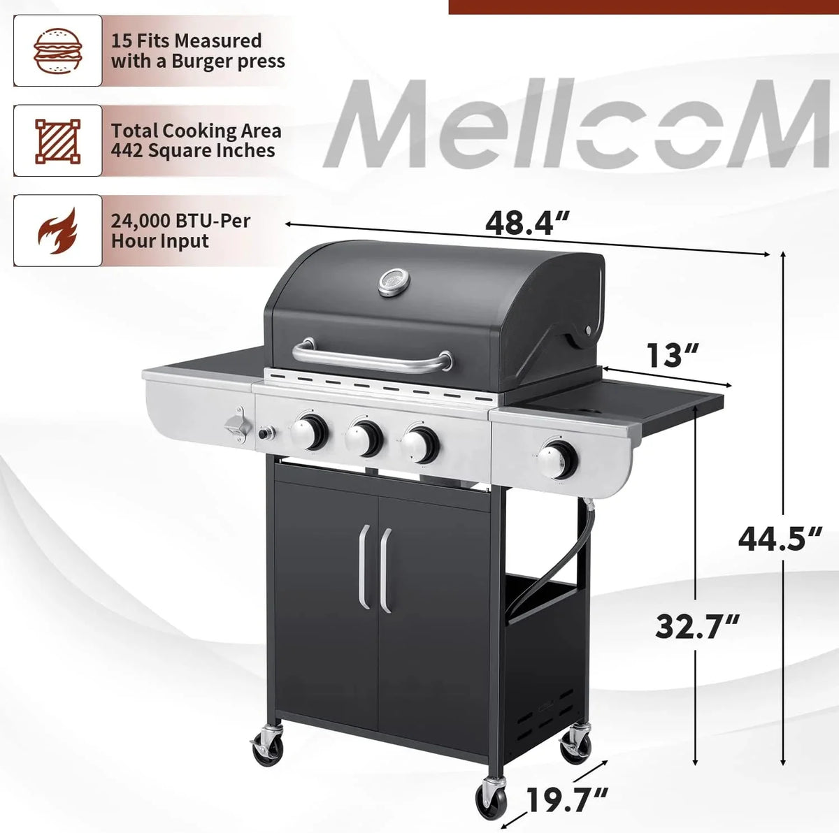 MELLCOM 4 Burner Propane Gas Grill With Cast Iron Grates And Side Stove, 44,000 BTU, Black - BBQ-4+1