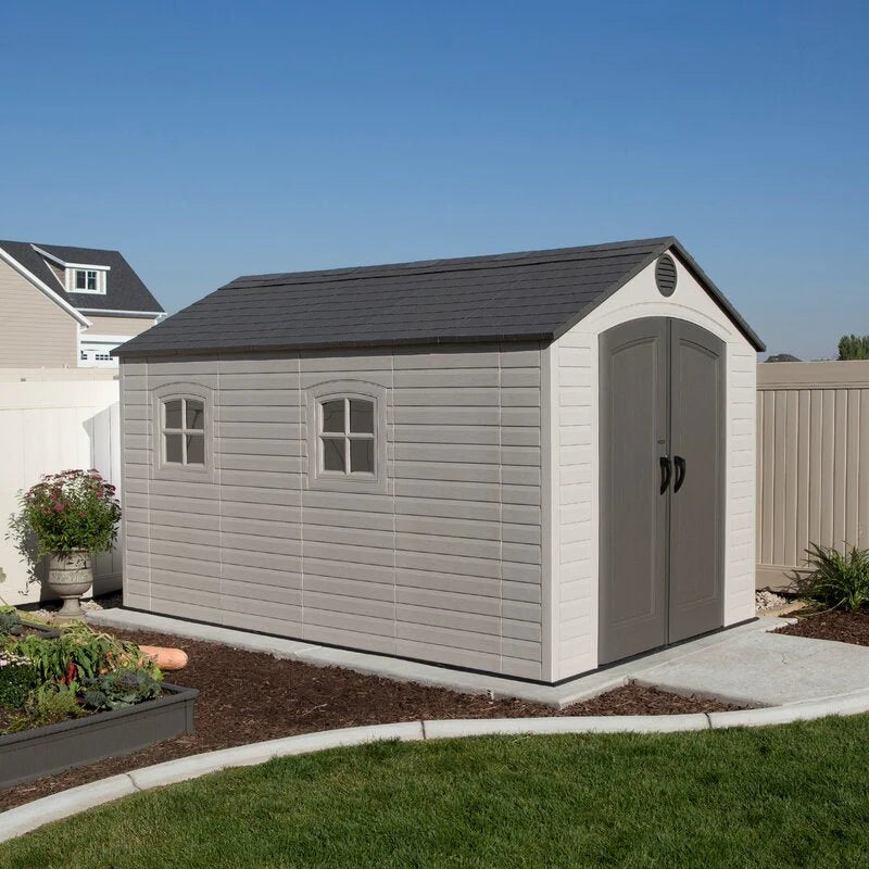 Plastic Storage Shed, 8 ft. W x 12.5 ft. D, Desert Tan And Dark Brown