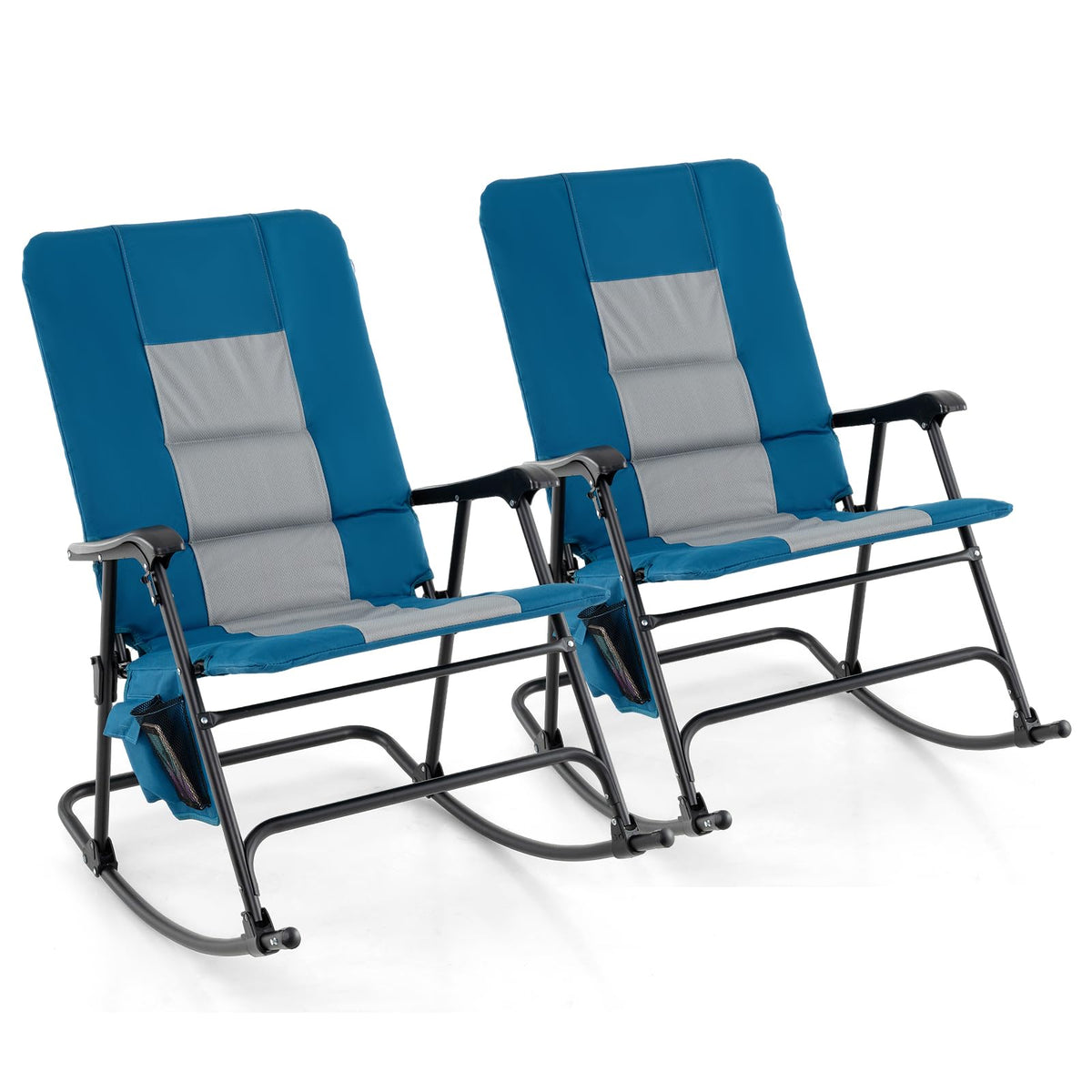 Oversized Folding Rocking Chair With Padded Seat, Metal Frame And Side Pocket