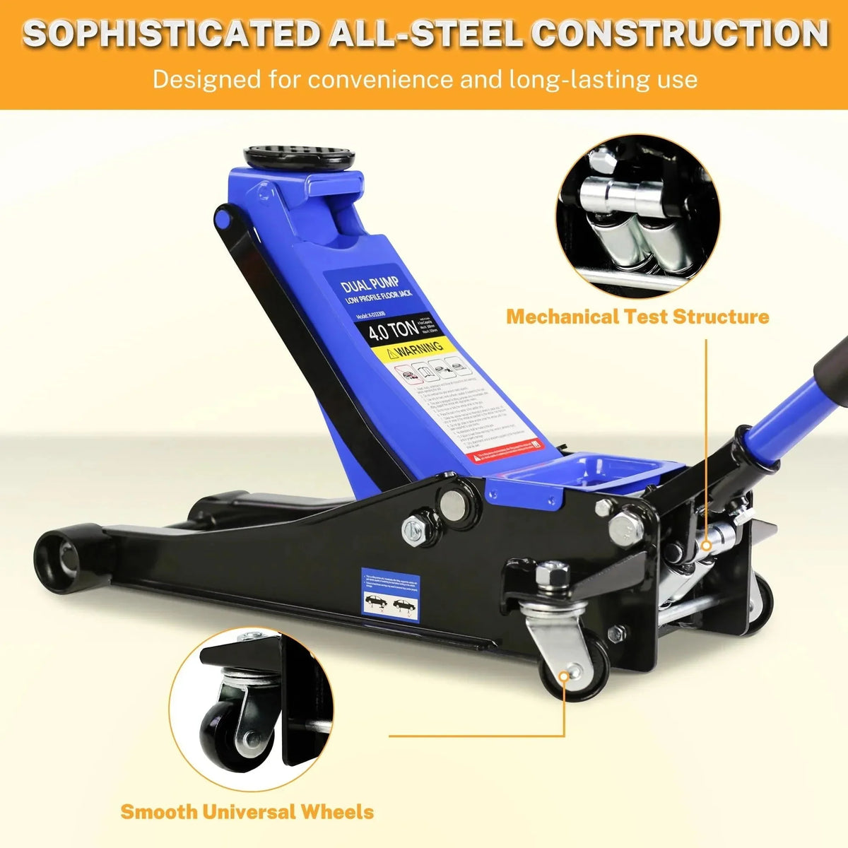 Seizeen 4-Ton Low Profile Floor Jack With Dual Pump Pistons, 4"-21" Lifting Range