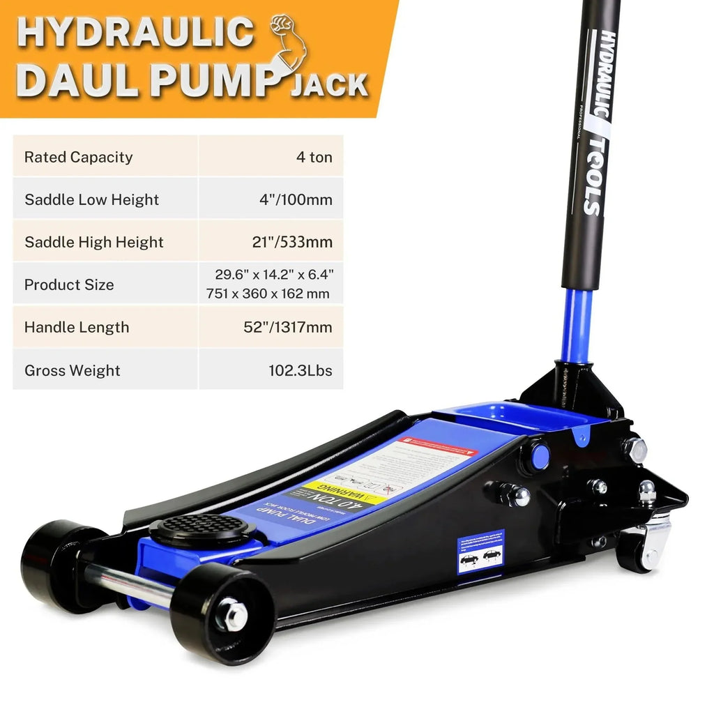 Seizeen 4-Ton Low Profile Floor Jack With Dual Pump Pistons, 4"-21" Lifting Range