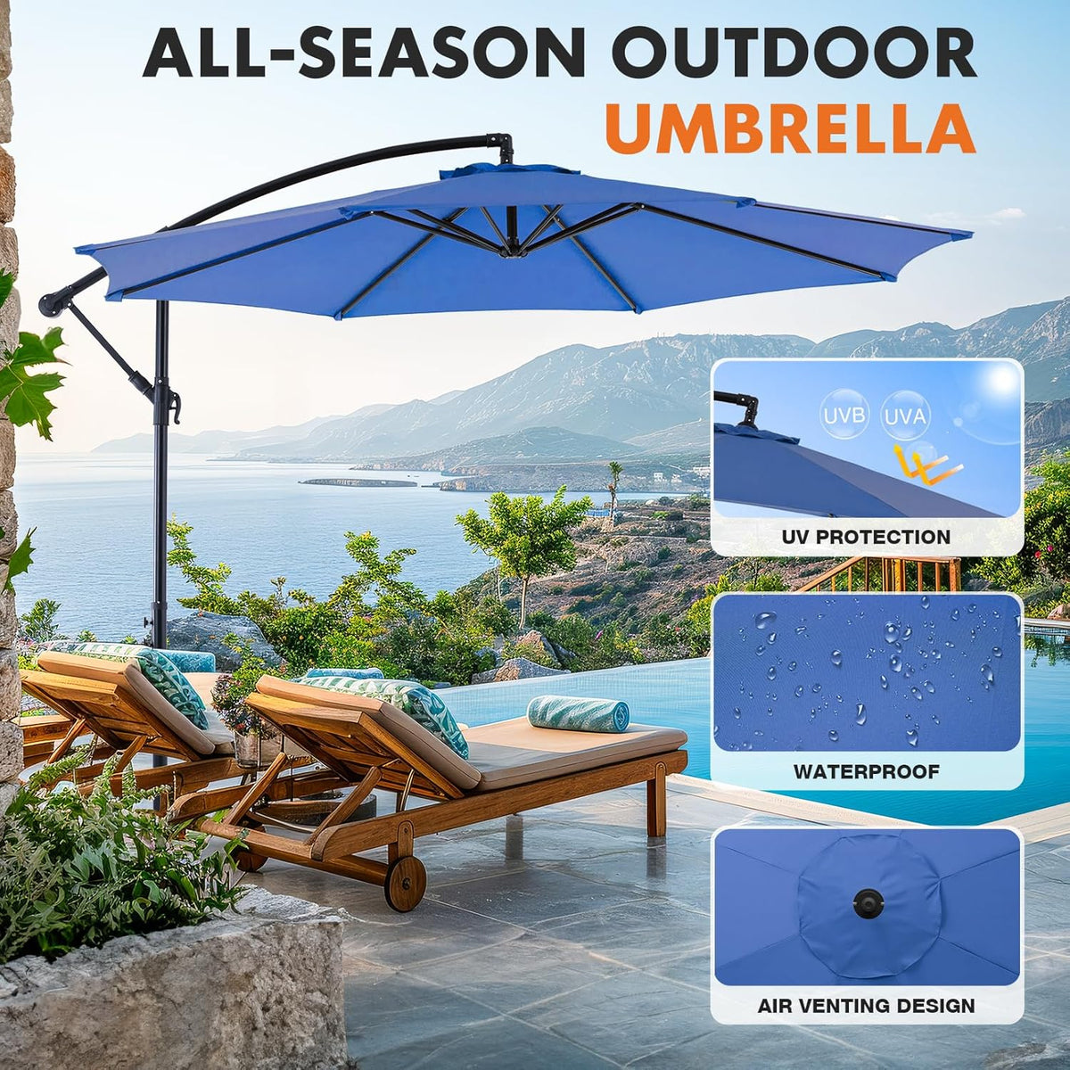 Sweetcrispy 9.8FT Offset Patio Umbrella With Easy Tilt Adjustment, 8 Ribs, Blue