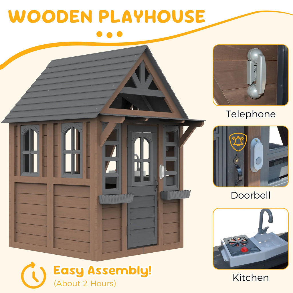 COCLUB Wooden Outdoor Playhouse With Doorbell, Phone And Kitchen Toys, 45in L x 43in W x 65in H